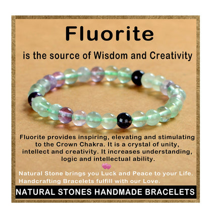AD Beads Handmade Gemstone Stretch Elastic Bracelet Crystal Healing Reiki Nature's Beauty and Spiritual Essence Unisex (6mm, Fluorite)