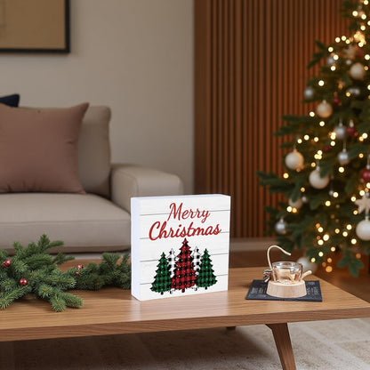 Christmas Decorations Indoor Christmas Decor Table Home Room Buffalo Plaid Tree Office Bathroom Wood Box Sign Rustic Wooden Shelf Desk Decor Season Sign House Warming Gifts 5.9 x 5.9 Inch