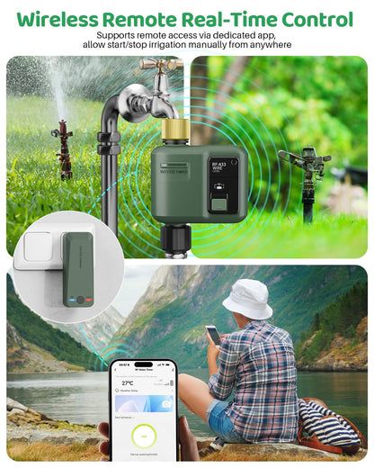 WiFi Water Timer for Garden Hose, Smart Sprinkler Controller with 984ft RF Range, Smart Lawn Watering System Irrigation Timer, APP/Voice Control, Rain Delay, Manual Irrigation (Brass Inlet)