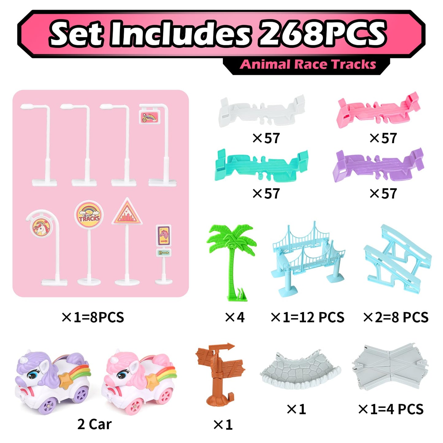 268 PCS Unicorn Race Tracks for Kids Toys, Glow in The Dark Magic Toy Set, 2 Unicorn Cars Track, Flexible DIY Track Set, Birthday Gift for Age 3-9 Boys Toddler Girls