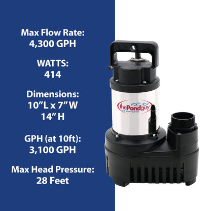 The Pond Guy RapidFlo Submersible Outdoor Water Pump, Perfect for Ponds, Waterfalls, Streams, Hydroponics & Pondless Features, Easy Install, Energy Saving, Quiet, Powerful Flow, Asynchronous, 4000 GPH