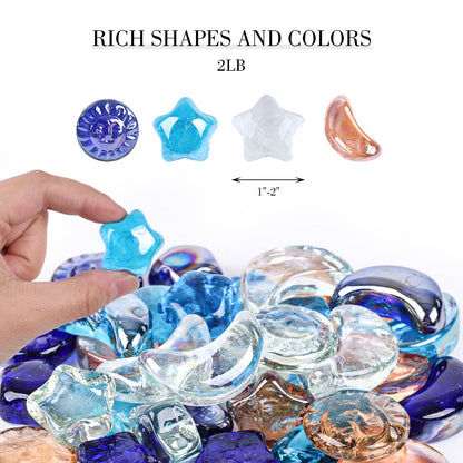 DomeStar 2 LB Glass Beads, Decorative Marbles for Vases, Sun Moon Stars Flat Marbles Glass Gem for DIY Aquarium Vase Fillers(35-40pcs)