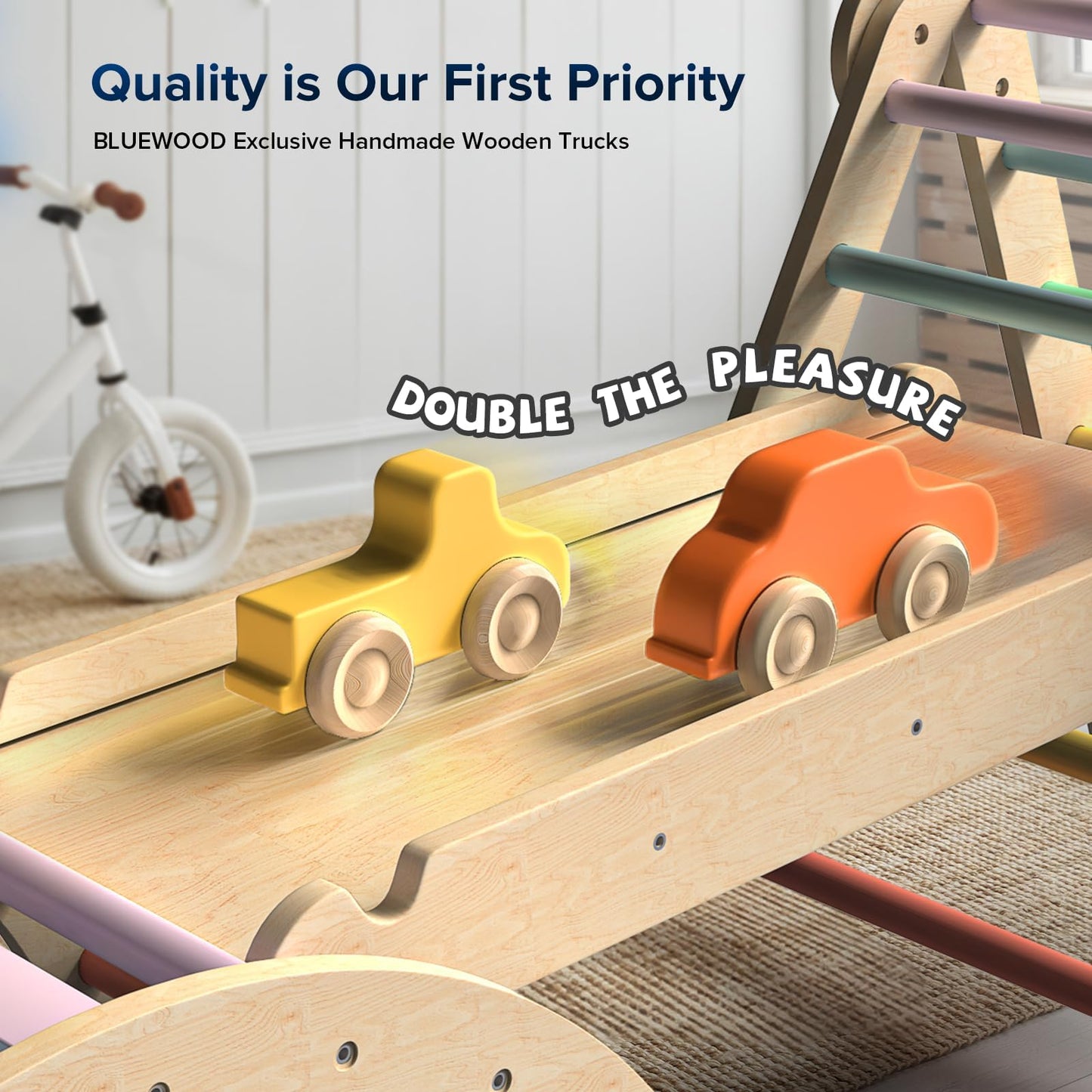 BlueWood Pikler Triangle Set 7in1 Foldable Baby Climbing Toys Wooden Montessori Climbing Set with Arch&Ramp&Ladder Baby Climber Indoor Jungle Gyms for Toddlers Montessori Toys- Rainbow