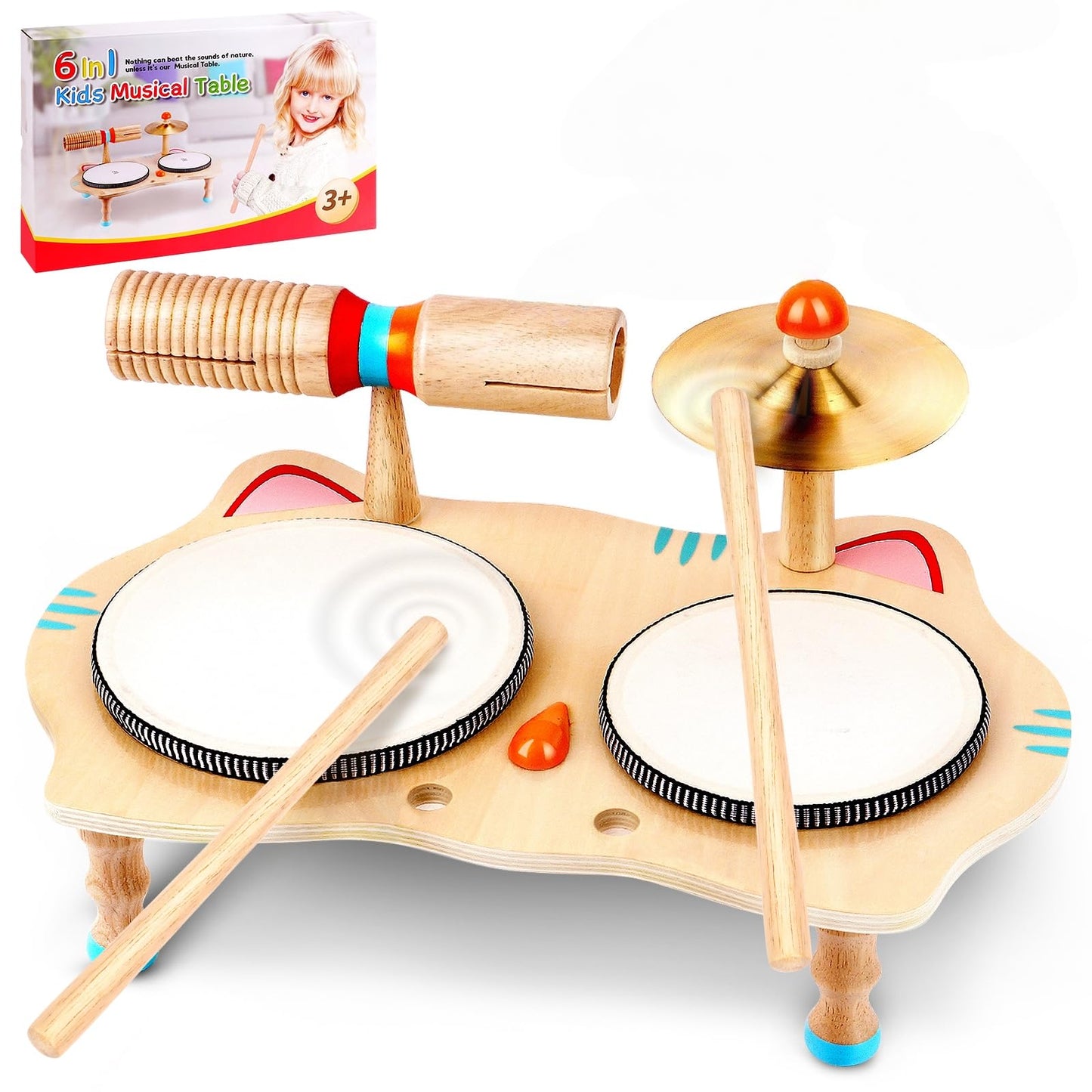 WINGYZ Kids Drum Set – 6-in-1 Wooden Musical Instruments for Toddlers 1–3, Montessori Baby Music Set with Drums, Cymbal & Tone Block, FSC-Certified Cat Design Table for Home & Classroom Learning Gift