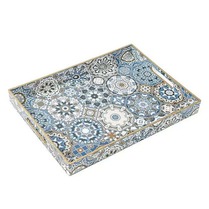Fuukou Large Serving Tray with Handles,Rectangle Plastic Serving Tray,Bohemian Blue Ottoman Trays Coffee Table Trays for Living Room,Decorative Tray for Coffee Table 16" x 12"
