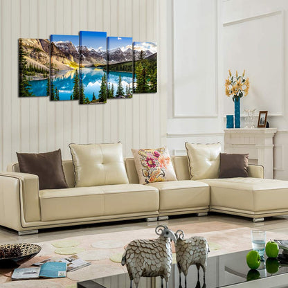 KREATIVE ARTS - 5 Pieces Canvas Prints Wall Art Canada Moraine Lake And Rocky Mountain Landscape Pictures Modern Canvas Painting Giclee Artwork For Home Decoration (Large Size 60x32inch)