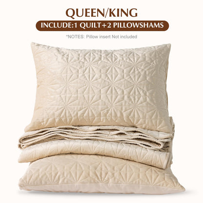 Uqocnh Luxury Velvet Quilt Set Queen Size 3 Piece, Soft Channel Stitch Velvet Comforter Set with 2 Pillow Shams, Lightweight Coverlet Bedspread Bedding Set for All Seasons, Beige