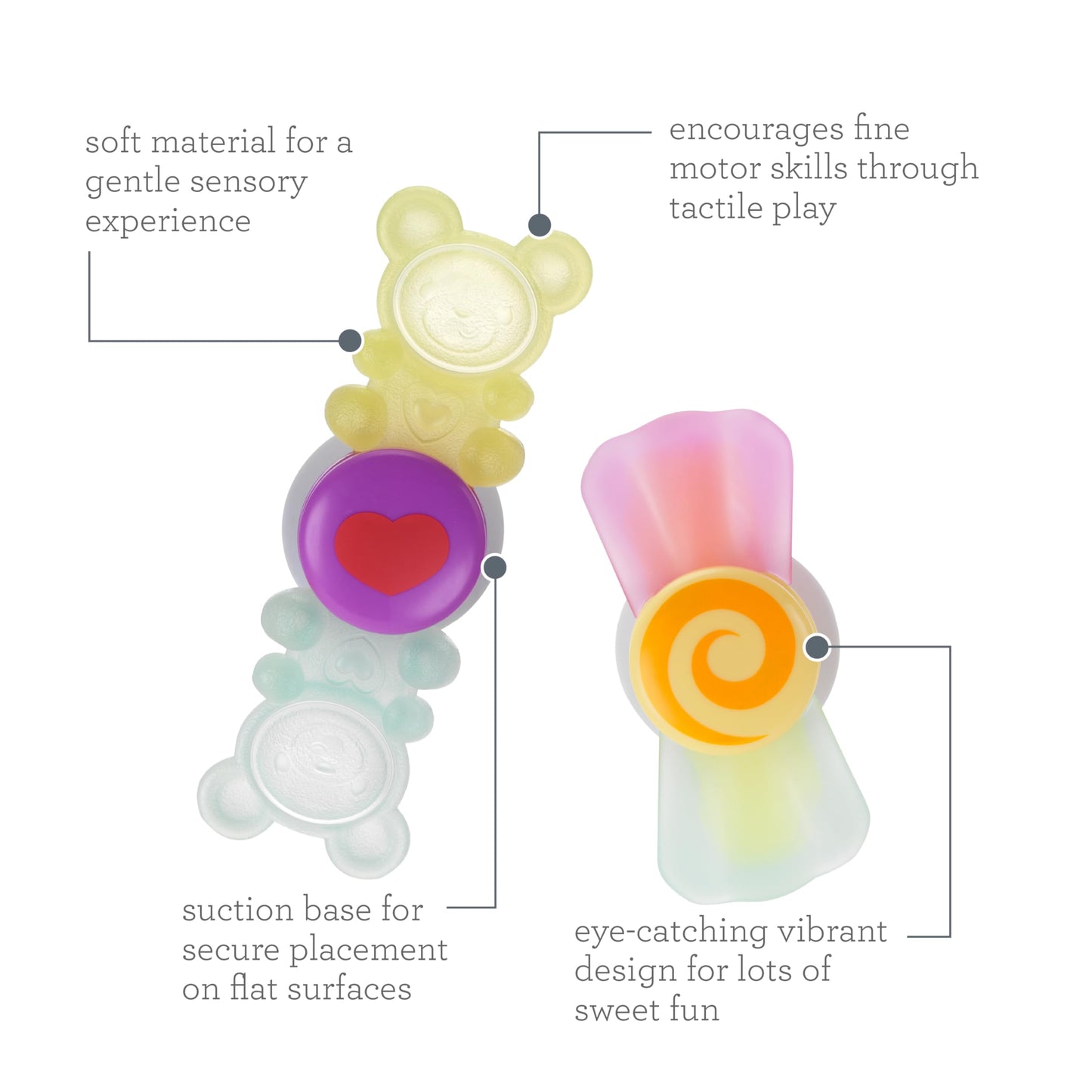 Infantino Sweet Treat Spinners, Baby Sensory Toy with Suction Cup Fidget, High Chair Spinning Tray Toy, Candy-Themed Textured Spinners for Fine Motor Skills, for Newborns and Toddlers 6+ Months