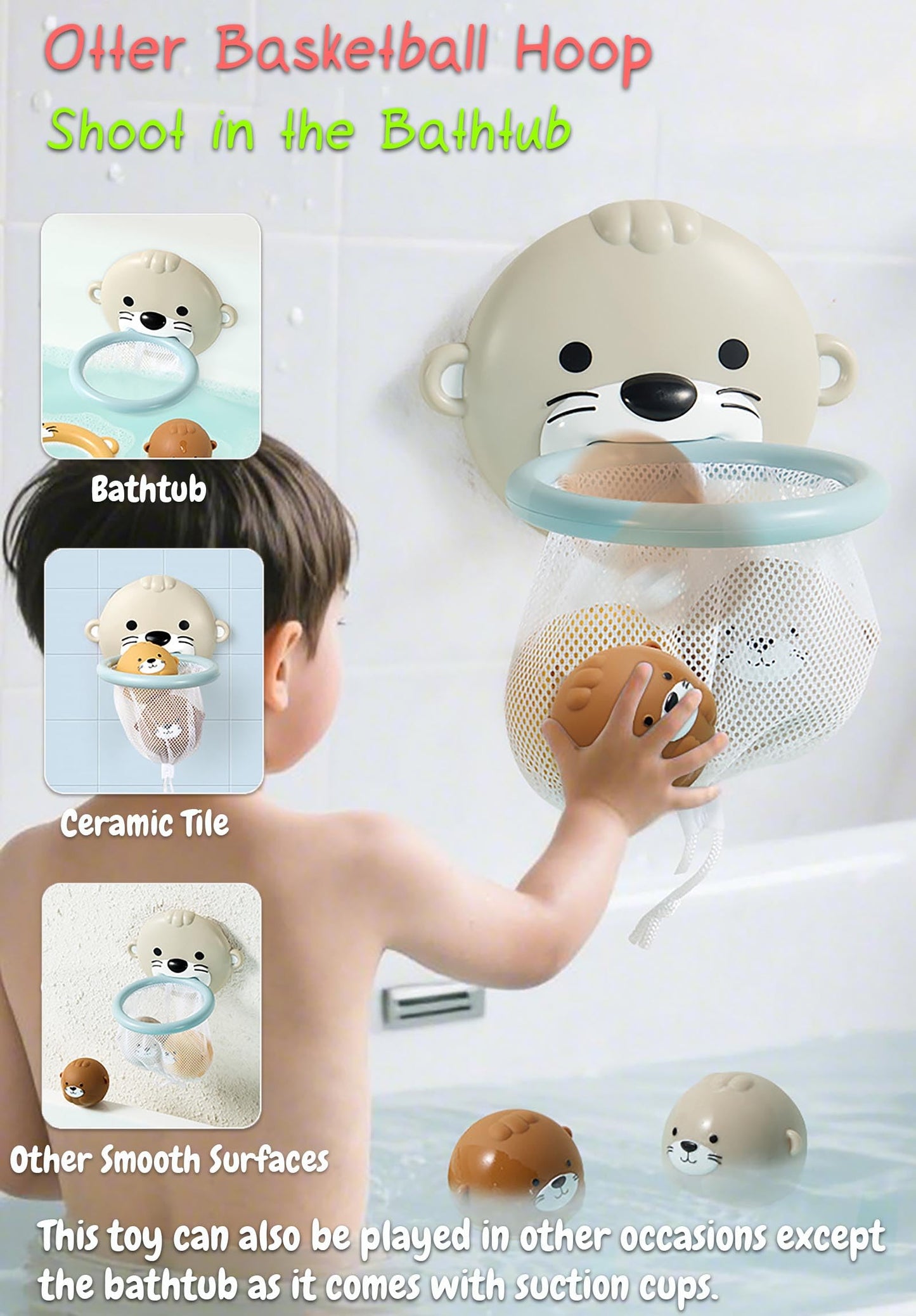 Rinnland Otter Bath Toy, Otter Family Tub Toy Bathtub Floating Toy for Kids - Soft Vinyl and ABS Plastic Material - No Hole One-Piece Design (Otter Playset + Baketball Hoop + Fishing Net + 2 Balls)