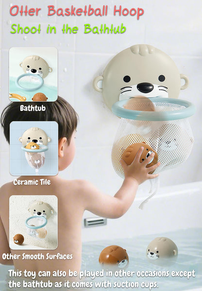 Rinnland Otter Bath Toy, Otter Family Tub Toy Bathtub Floating Toy for Kids - Soft Vinyl and ABS Plastic Material - No Hole One-Piece Design (Otter Playset + Baketball Hoop + Fishing Net + 2 Balls)
