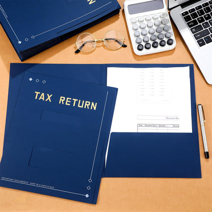 Mooliwe 100 Pcs Blue Tax Return Folders Bulk 9 x 11.25 Inches Income Tax Organizer with Side Staples Double Windows Paper File Pocket Document Folders for Accountants Business Office Supply