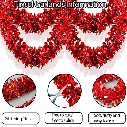 33Ft Christmas Tinsel Garland Shiny Thick Red Tinsel Decor Xmas Tree Decorations Metallic Twist Foil Garland for Birthday Thanksgiving Day New Year Parties Indoor Outdoor Party Supplies - Red