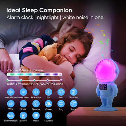 AFEXOA Astronaut Sunrise Alarm Clock for Kids, White Noise Sound Machine with 30 Soothing Sounds, 22 Dimmable Nightlights, Bluetooth Speaker, Dual Alarms, Wake Up Light for Bedroom(Blue)