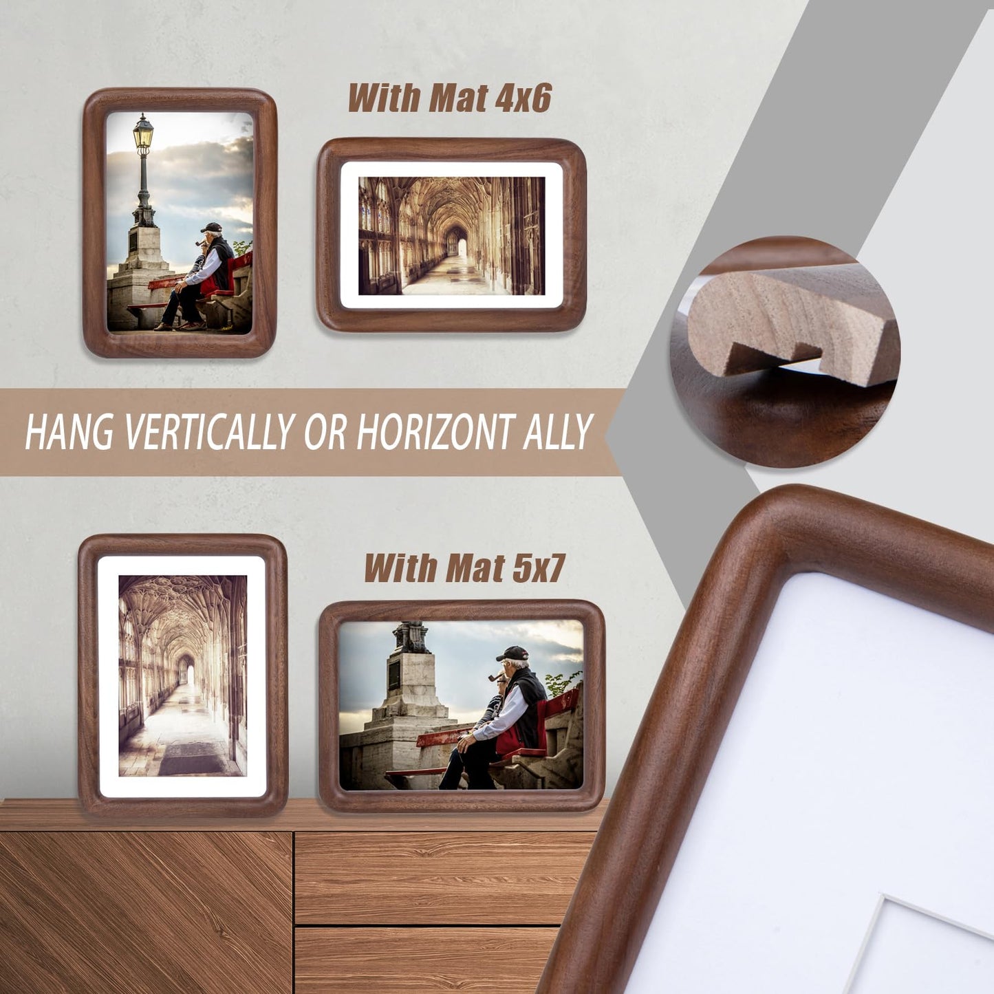 Xzwenru 4x6 Picture Frame Set of 2,Solid Walnut Wood Frame with Real Glass,Rounded Edge Wooden Photo Frame Matted to 4x6 Photo without mat or 3.5x5 picture with mat, For TableTop and Wall Decoration.