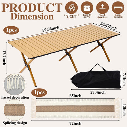 Novabright 10 Pcs Picnic Kit Folding Picnic Table 59'' x 20.5'' Large Outdoor Boho Blanket 91'' x 71'' Beige Table Runner 6 Floor Pillows Cushions Woven Cotton Oversize Washable for Camp Wedding