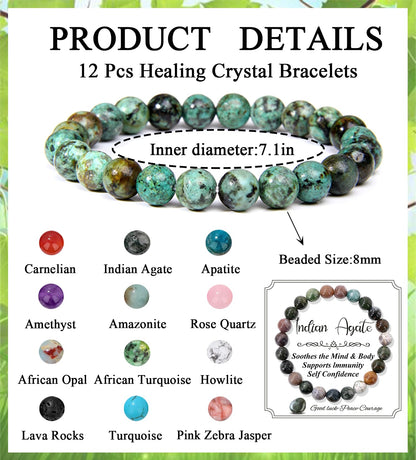 SAMOCO 12PCS 8mm Natural Crystal Bracelets for Women Men Semi-Precious Gemstone Beaded Bracelets Round Beads Gemstones Stretch Yoga Bracelet