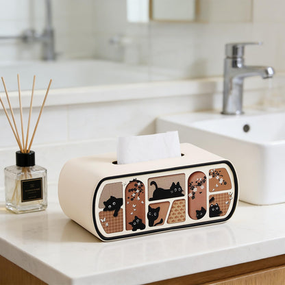 MEIBOOCH Cat-Themed Tissue Box Cover with Curved Edge, Rectangle Tissue Box Holder for up to 4 Inches High Boxes (Beige)
