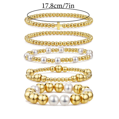 Qiuseadu Chunky Gold Beaded Stack Bracelets Beads Ball Cross Colorful Statement Bracelets Set for Women (Classic Gold Cross)