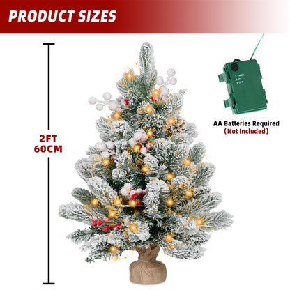ININ 2FT Pre-lit Mini Christmas Snow Flocked Tree,Tabletop Artificial Christmas Tree with LED Lights, Small Xmas Pine Tree with Cloth Bag Base for Christmas Decor,12 Clusters Berry & 8 Pinecones