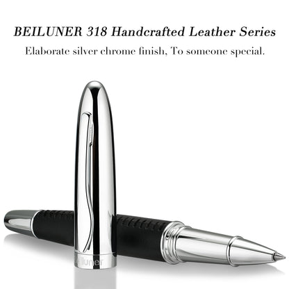 BEILUNER 318 Luxury Leather Pen, Hand-Stitched Premium Leather, Chrome-Plated Finish, Schmidt Ink Refill, Best Rollerball Pen Gift for Men & Women, Refillable, Executive Writing, Nice Pens
