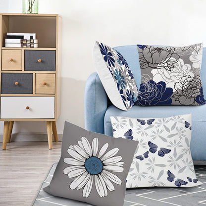 COMMINY Blue Grey Pillow Covers 18x18 Set of 6 Decorative Daisy Flower Throw Pillow Cover for Couch Modern Pillow Case for Patio Living Room Cushion Bed Farmhouse Home Decor