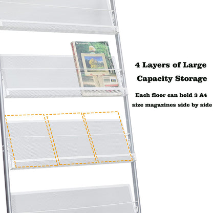 Vmsiuory 4-Layer Iron Magazine Rack with Wheels, Newspaper Rack, Display Rack, Silver (63)