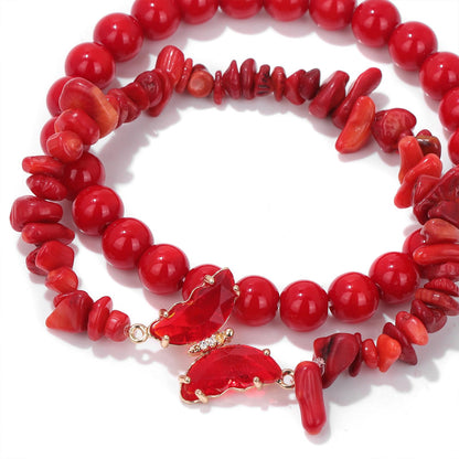 GolbalJew Red Coral Stone Bracelet for Women Healing Crystal Beaded Bracelets Red Gemstone Beads Stretch Bracelet Butterfly Charms Jewelry Women Gift