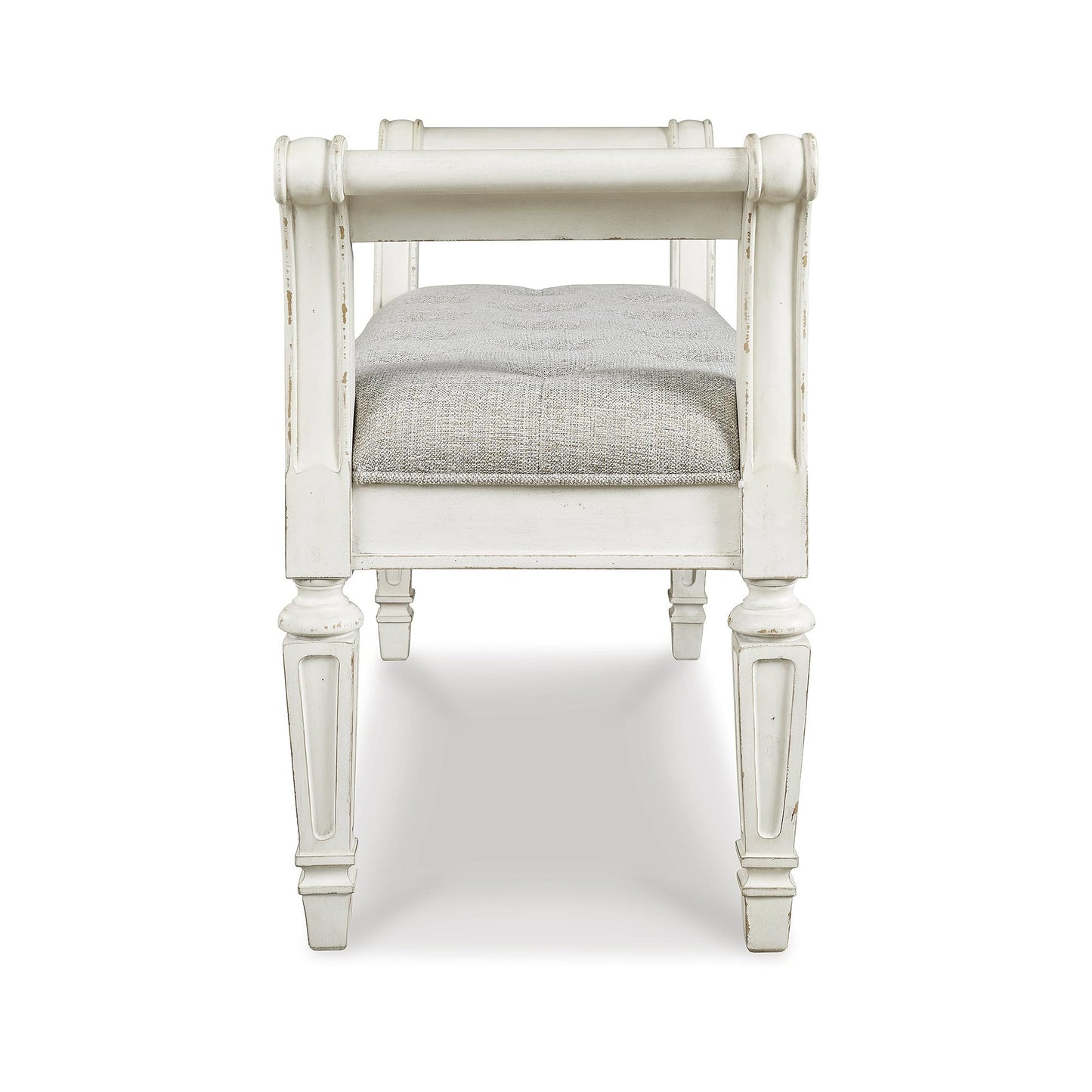Signature Design by Ashley Realyn French Country Upholstered Tufted Accent Bench with Foam Cushion and Scrolled Arms, Wood Frame, 25.88" High, Antique White