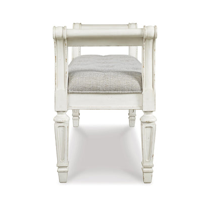 Signature Design by Ashley Realyn French Country Upholstered Tufted Accent Bench with Foam Cushion and Scrolled Arms, Wood Frame, 25.88" High, Antique White