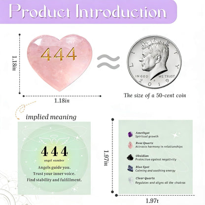444 Angel Number Rose Quartz Heart Worry Stone - Spiritual Love Crystal Healing Pocket Rock for Women, Polished Heart Shaped Reiki Stone (Engraved 444)