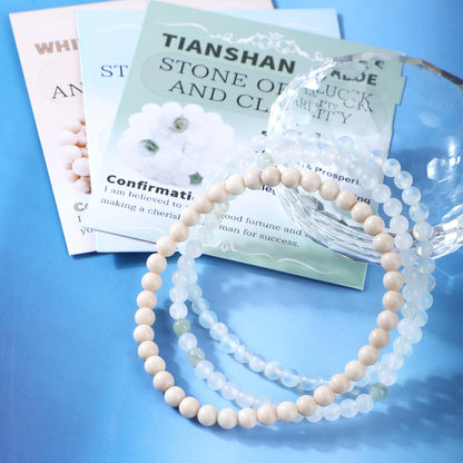 CMBYN 3-Pieces 4mm Natural Crystal Gemstone – ﻿Opalite, Tianshan Jade, White Fossil Jasper Handmade Reiki Energy Healing Stretch Bracelets Jewelry for Yoga, Meditation, Unisex