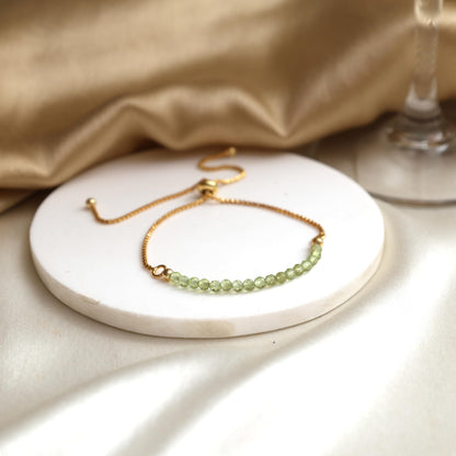 Gempires Birthstone Beaded Bracelet, Green Peridot Bracelets for Women, August Birthstone, Bolo Beads Bracelet Gold Plated Chain (6-9 inch Adjustable Length)