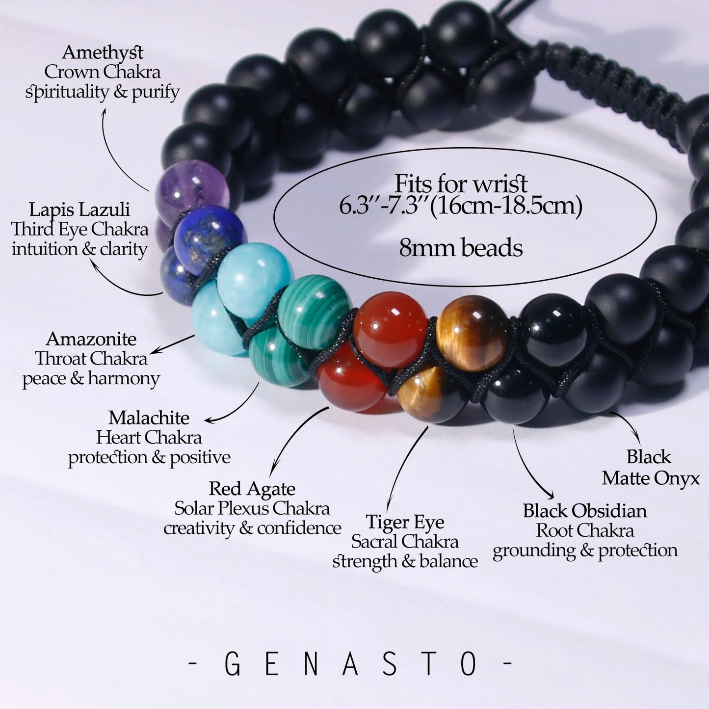 GENASTO Mens Crystal Bracelet, 7 Chakra Bracelet with Real Stones Tigers Eye Obsidan Amethyst Malachite Amazonite Lapis Lazuli Red Agate Beads Bracelets for Multi Healing Protection Balance