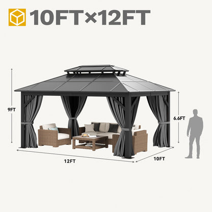 DWVO 10x12ft Gazebo Hardtop Double Roof Polycarbonate Canopy Outdoor with Netting and Shaded Curtains, Aluminum Frame Garden Tent for Patio, Backyard, Deck and Lawns, Gray