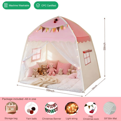 Kids Play Tent Indoor Teepee: Princess Castle Reading Nook with Mat Lights Carry Bag Mesh Windows Quick Setup for Bedroom Playroom Girls Ages 3-12 - 59x39x59 in