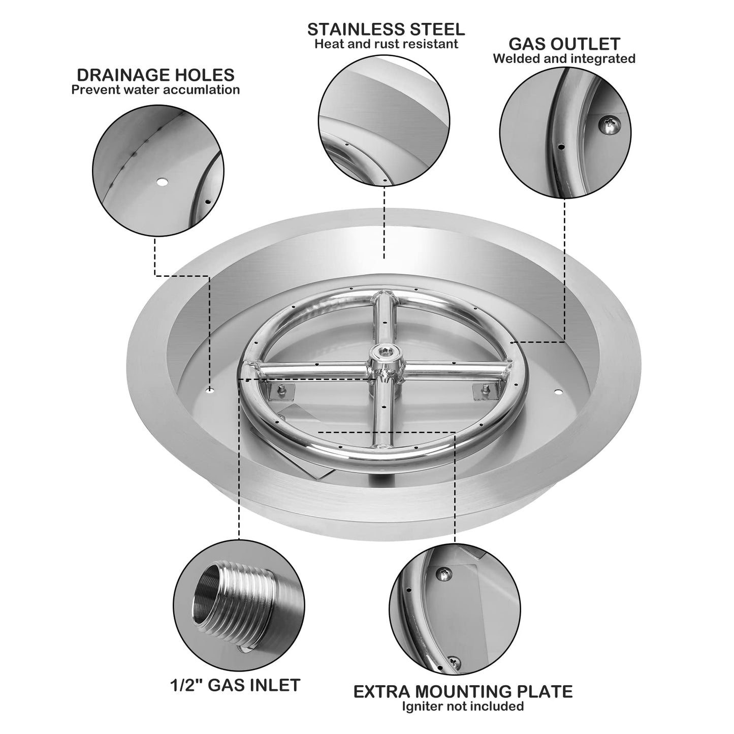 Stanbroil 13-Inch Drop-in Fire Pit Burner Pan, Round Fire Pit Insert for Propane & Natural Gas DIY Fire Table, Stainless Steel Firepit, BTU 88,000 Max