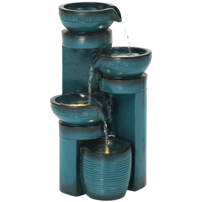 Autodaya 19.3" H Pedestal Outdoor Water Fountain with LED Lights and Pump, 4-Tier Cascading Water Feature, Tranuil Waterfall for Relaxing Garden, Patio, Yard, or Porch, Turquoise, Faux Ceramic Finish