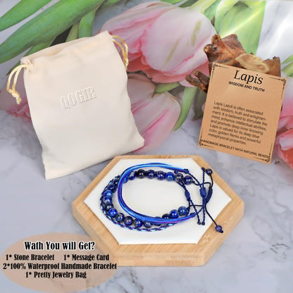QOGIR Handmade Healing Bracelets for Women,8mm Natural Lapis Lazuli Gem Stone Beads Bracelet,for Men Women Gifts with 2PCS Size Adjustable Rope Bracelets