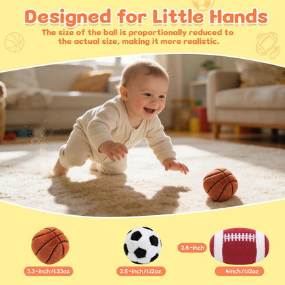 Baby Ball Toys 0-6 Months, Newborn Plush Rattle 3pcs Football Basketball Soccer Sports Set-Sensory Toys with Rattles for 0 3 6 9 12 Months Infant Boys Girls Birthday or Shower Gifts