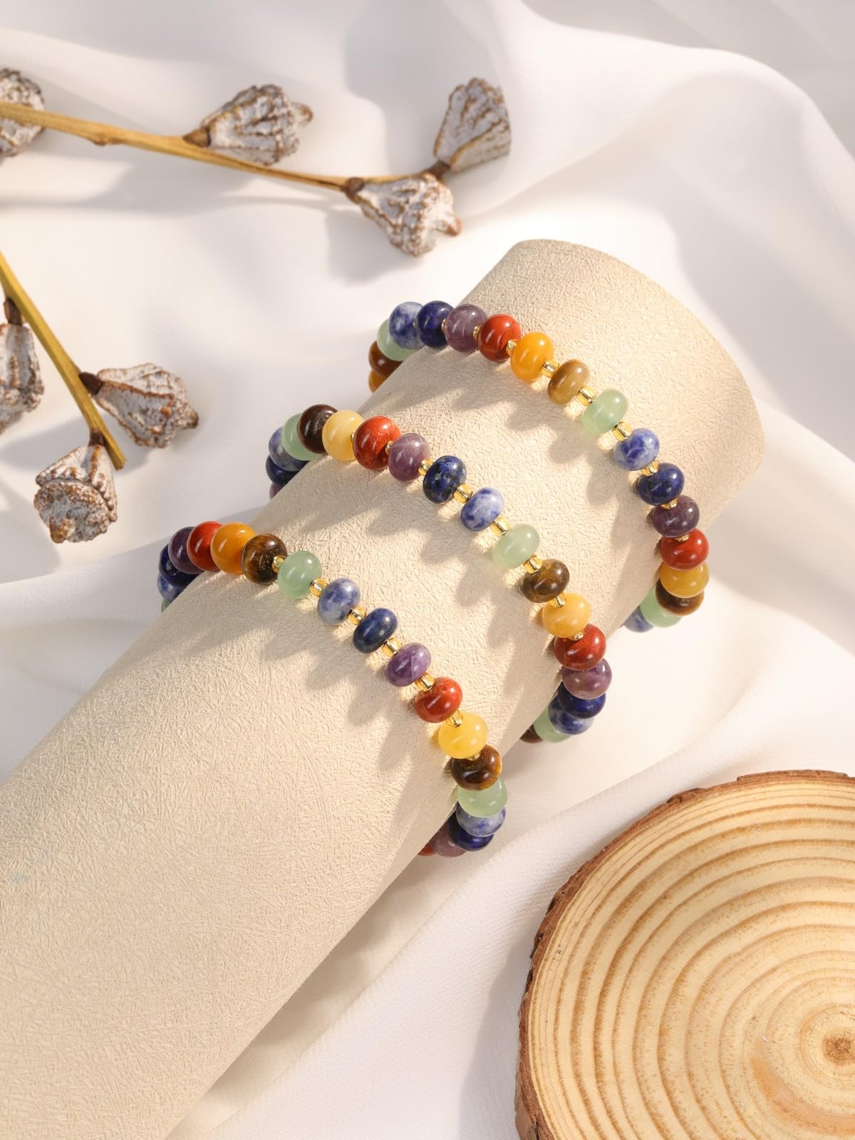 CrystalTears Chakra Crystal Gemstone Beaded Bracelet for Women, Womens 7 Chakra Stone Bead Bracelets, Adjustable Trendy Handmade Surfer Summer Beach Jewelry Gifts for Women