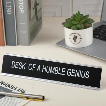 Menkxi Funny Desk Signs for Office, Novelty Nameplate Office Decor Black Desk Plaque for Women Men Coworker Gift Home Supply Accessories, 10 x 2 Inch(Desk of A Humble Genius)
