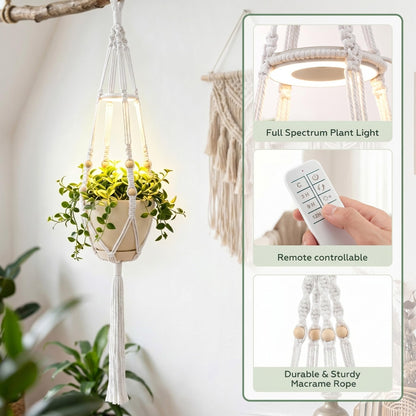 Huquary 3 Pack Macrame Plant Hanger with Grow Light Hanging Boho Planter Basket Flower Holder and Hanging Remote Grow Lights for Indoor Plants Suitable for Different Size Pots(White)
