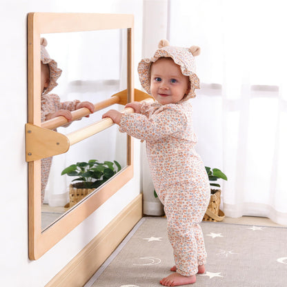 KRAND 3-Position Montessori Shatterproof Safety Baby Mirror w/Pull Up Handrail, Infant Coordination Mirror Set, Kid's Classroom Furniture for Nursery, Daycare, Homeschool or Preschool (Natural Pura)