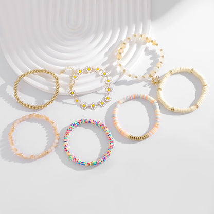 RISHEGAE Heishi Beaded Stretch Bracelets for Women Stackable Gold Polymer Clay Beads Bracelets Friendship Boho Summer Beach Bracelet Jewelry Set (C-Daisy 8pcs)