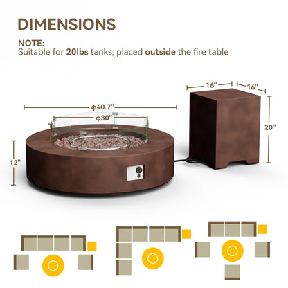 COSIEST 2-Piece Outdoor Propane Firepit Table Set w Tank Table, 42 inch Dark Fire Table Certified, 50,000 BTU w Bronze Round Base,Wind Guard and 16 inches Tank Side Table 20lb for Garden,Pool