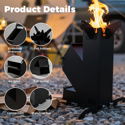 Rocket Stove for Cooking Portable Wood Burning Wood Fire Camping Backyard Cooking Outdoor Events BBQ Comes with Storage Bag