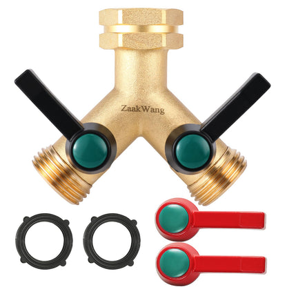 Heavy Duty Solid Brass Y-Way Distributor, 3/4" GHT Thickened Hexagonal Water Inlet, Garden Faucet Splitter, Hose Splitter with 2 More Colors Comfortable Extension Handles.