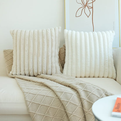 JOJUSIS Pack of 2 Faux Fur Plush Decorative Throw Pillow Covers Couch Cushion Case Soft Pillowcases (Beige, 18 x 18 Inch)