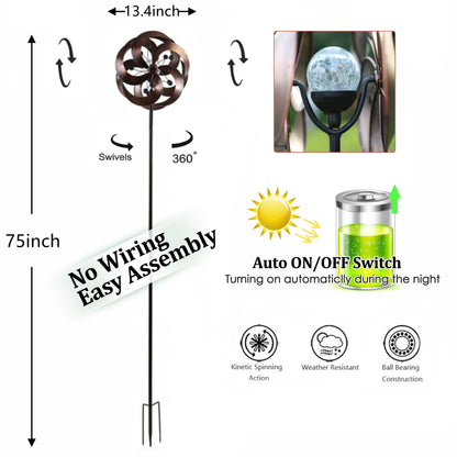HDNICEZM Solar Wind Spinner Improved 360 Degrees Swivel Multi-Color LED Lighting Glass Ball with Kinetic Wind Spinner Vertical Metal Sculpture Stake Construction for Outdoor Yard Lawn & Garden.