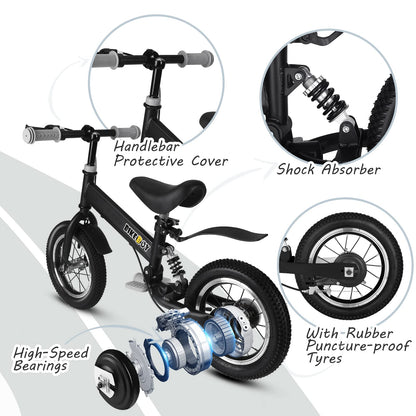bikeboy Balance Bike 14 Inches, Dual Use Kids Bike for 2-6 Years Old, Shock Absorbers, Fenders, Pedals, Auxiliary Wheels, Black